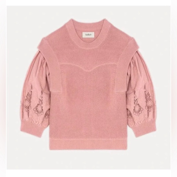 Ba&sh Samoa Pink Embroidered Puff Sleeve Lady Pullover Sweater size Small - Picture 1 of 14